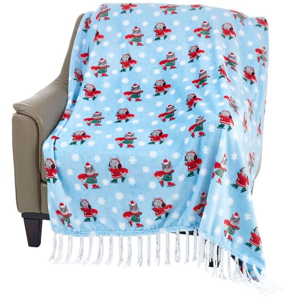 Mountain Ridge Ice Skating Cats Fringed Plush Throw