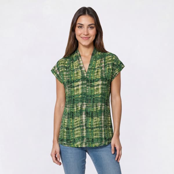 Womens Kasper Cap Sleeve V-Neck Scale Stripe Blouse - image 
