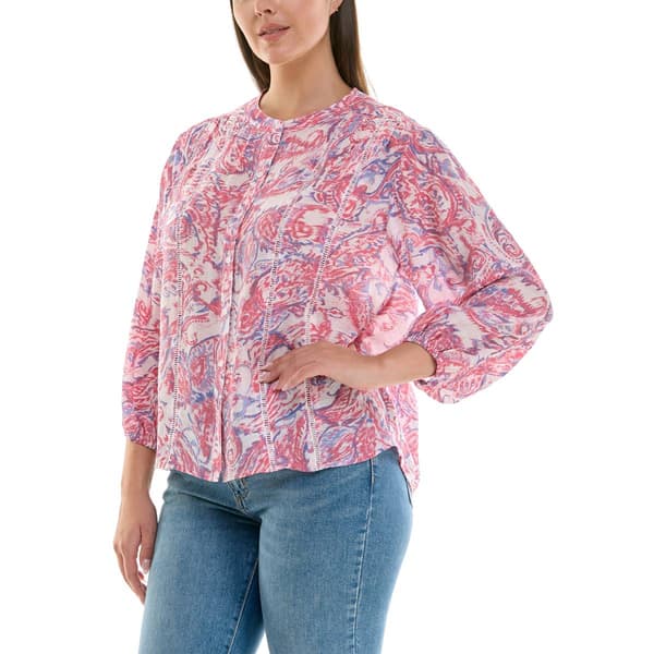 Plus Size Zac & Rachel 3/4 Sleeve Paisley Button Front Blouse