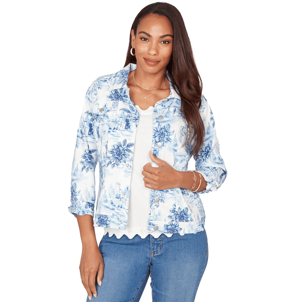 Petite Ruby Rd. French Riviera Floral Toile Denim Jacket - image 