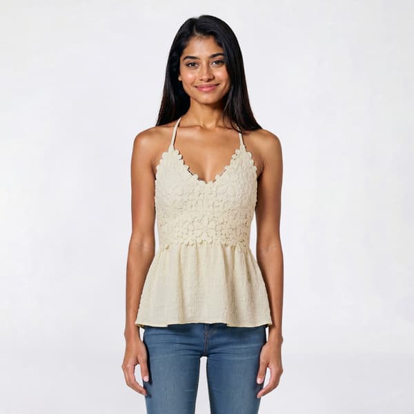 Juniors Derek Heart Pucker Knit Floral Lace Bodice Halter Top - image 