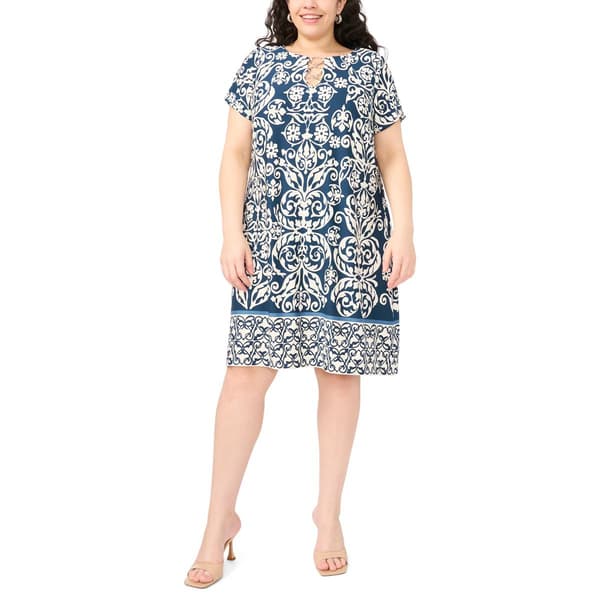 Plus Size MSK Short Sleeve 3 O-Ring Damask Shift Dress