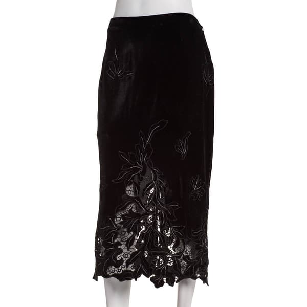 Womens Nicole Miller Embroidered Floral Pull-On Velvet Skirt