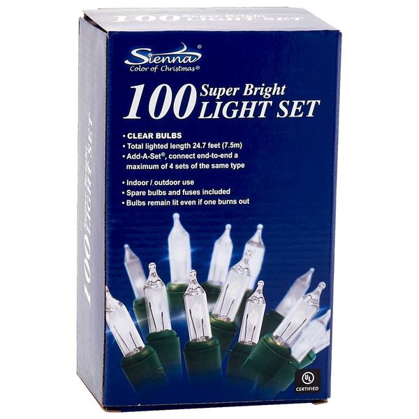 Sienna Super Bright Clear Color 100 Light Set with Green Wire - image 