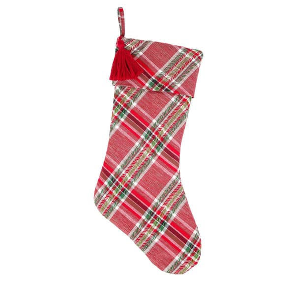 National Tree 20in. Red Cotton Biased Cut Plaid Stocking - image 