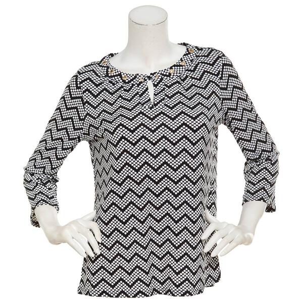 Womens Notations 3/4 Sleeve Grommet Trim Knit Top - Zigzag - image 