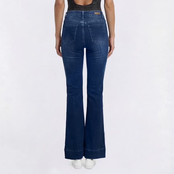 Womens Bleu Denim Double Button Wide Hem Bootcut Jeans