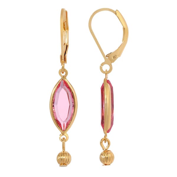 1928 Gold Tone Pink Crystal Oval Drop Earrings - image 
