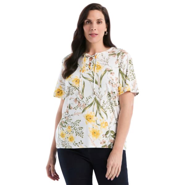 Plus Size Rafaella(R) Short Sleeve Garden Floral Lace Up Blouse