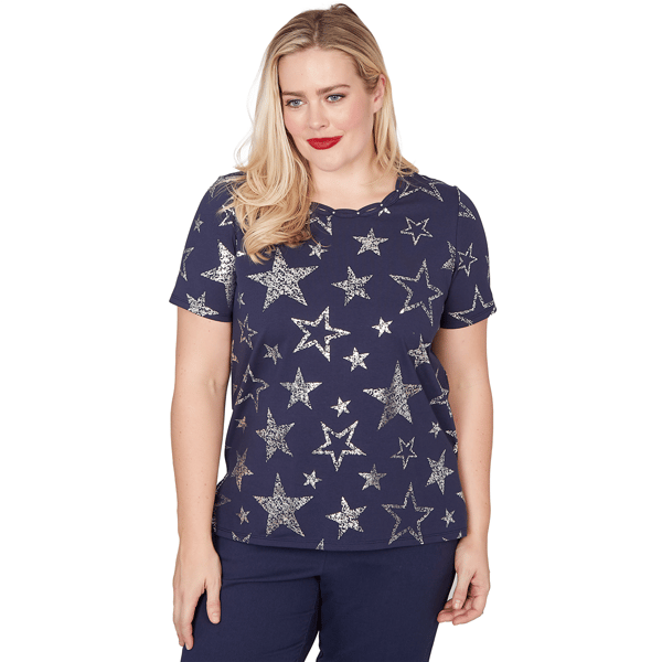 Petite Alfred Dunner Lady Liberty Short Sleeve Foil Stars Tee - image 