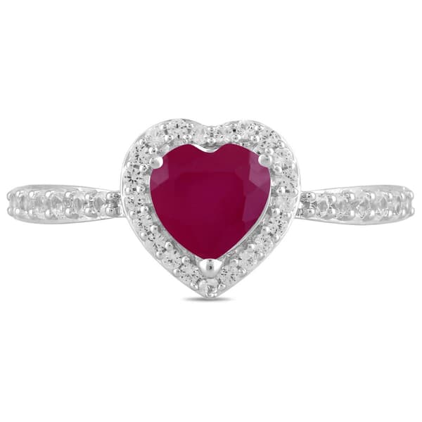 Gemstone Classics(tm) Silver Created Ruby White Sapphire Heart Ring