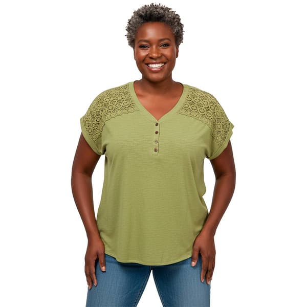 Plus Size Rio & Rian Dolman Sleeve Henley Crochet Lace Blouse