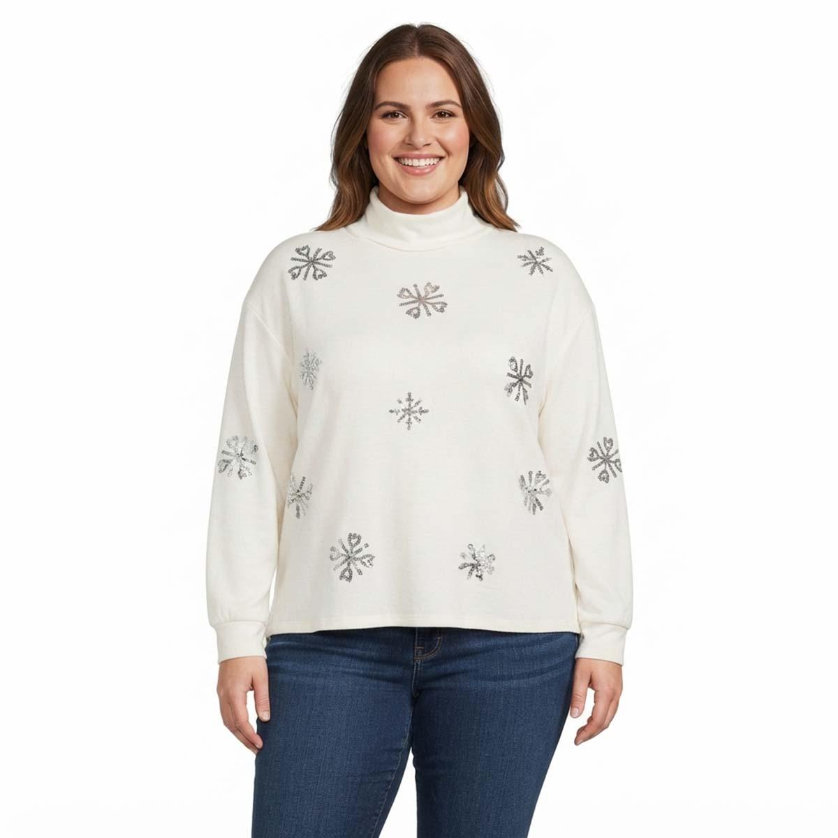 Plus Size Tru Self Long Sleeve Mockneck Sequin Snowflake Sweater