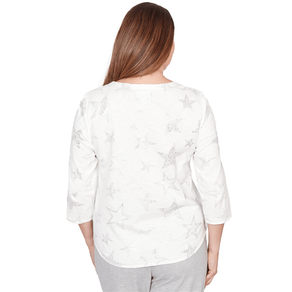 Womens Alfred Dunner Comfort & Joy 3/4 Sleeve Round Neck Star Tee