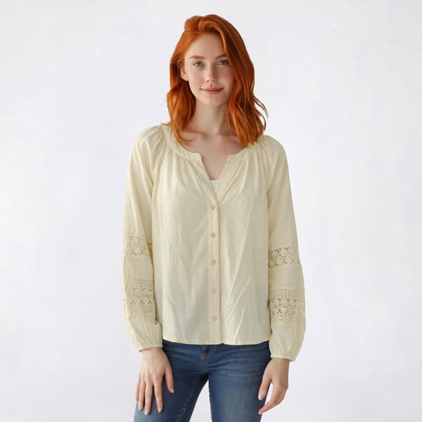 Juniors Wallflower Long Sleeve Elodie Gauze Lace Trim Peasant Top - image 