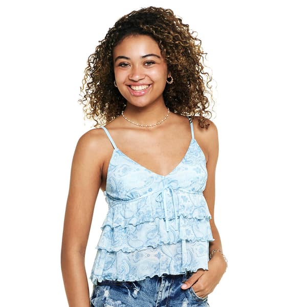 Juniors Pink Rose Print Mesh V-Neck Tier Babydoll Camisole - image 