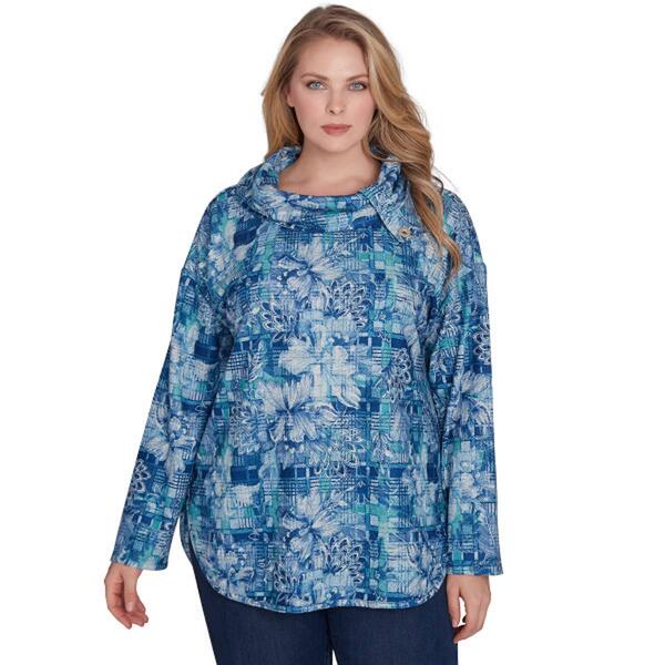 Plus Size Ruby Rd. Cozy Season Floral Plaid Cowl Neck Top - image 