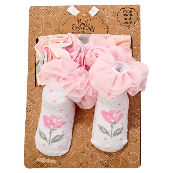 Baby Girl Baby Essentials Floral Rose Headband & Socks Set - image 