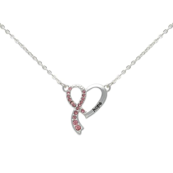 Breast Cancer Awareness Silver Heart w/ Pink Rhinestone Necklace - image 