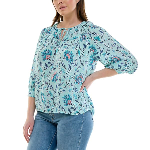 Womens Zac & Rachel 3/4 Sleeve Keyhole Neck Floral Vine Blouse