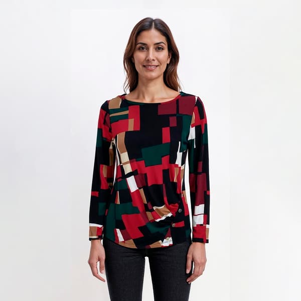 Petite Anne Klein Long Sleeve Colorful Blocks Side Rouched Blouse