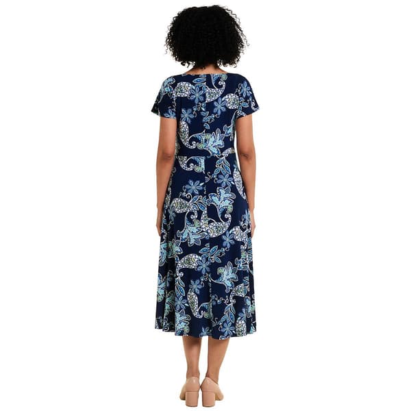 Womens Robbie Bee Short Sleeve Paisley Tie Waist A-Line Dress
