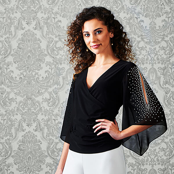 Womens MSK Chiffon Pearl Trim Cold Shoulder Elbow Sleeve Blouse - image 