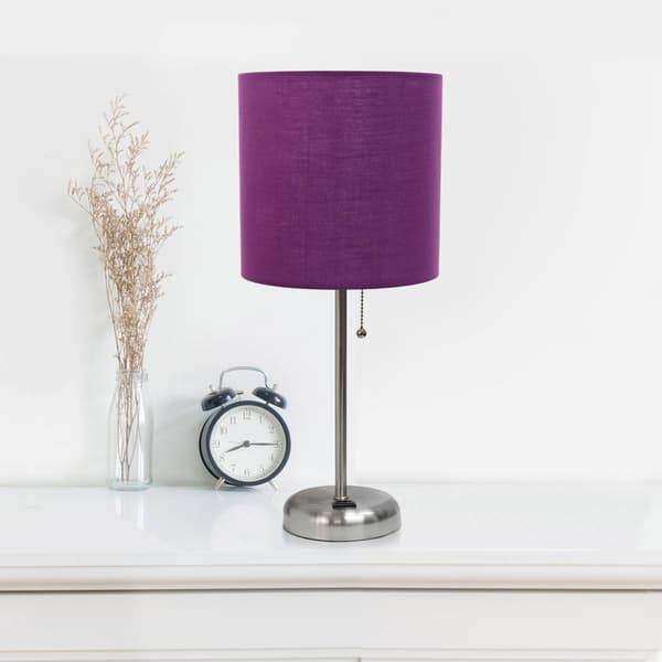 LimeLights Brush Steel Lamp w/Charge Outlet/Purple Shade-Set of 2