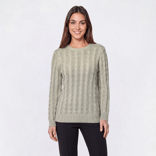 Womens Preswick & Moore(R) Long Sleeve Cable Knit Crew Neck Sweater