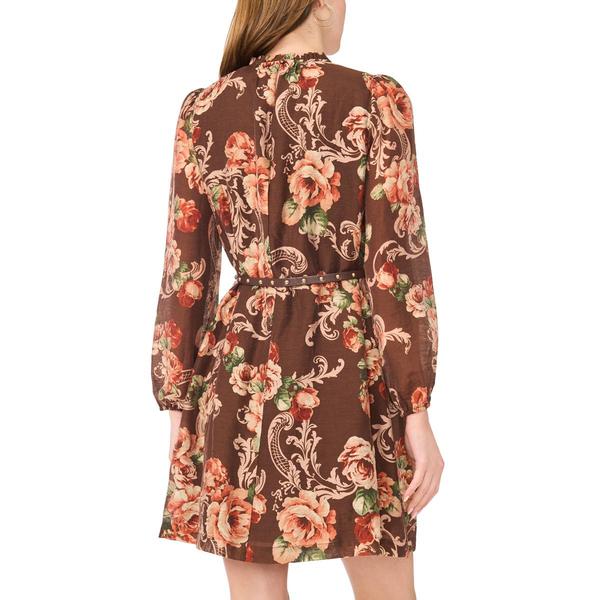 Womens MSK Long Sleeve Floral Pintuck Belted A-Line Dress