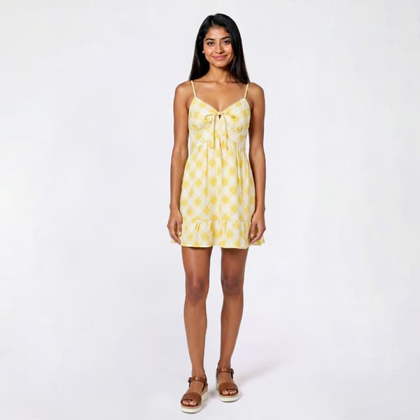 Juniors Trixxi Checkered Linen Tie Front Flounce Hem Slip Dress