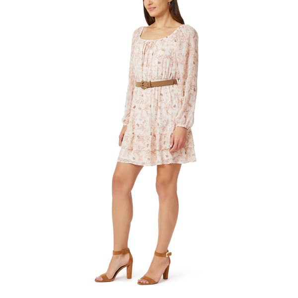 Juniors Wallflower Long Sleeve Chiffon Ditsy Belted A-Line Dress