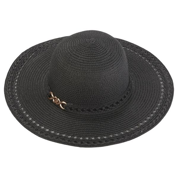 Womens Madd Hatter Solid Large Brim Metal Charm Straw Hat - image 