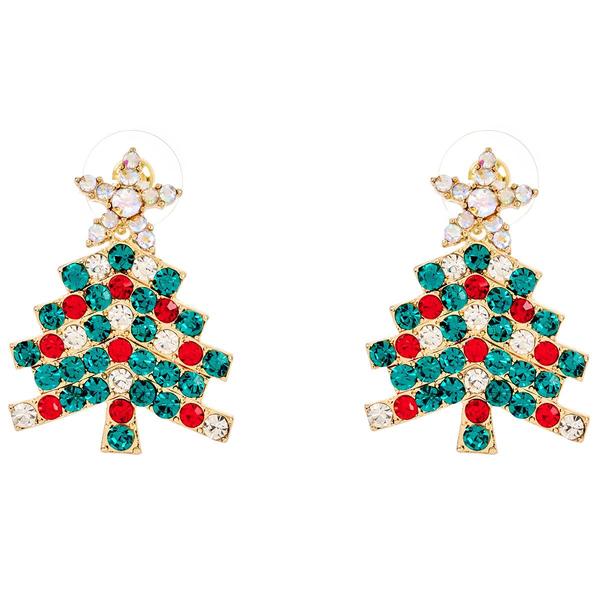 Christmas Tree Drop Earrings with Multi Color Glass Stones