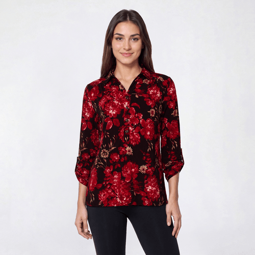 Petite AK Anne Klein 3/4 Sleeve Button Front Floral Blouse - image 
