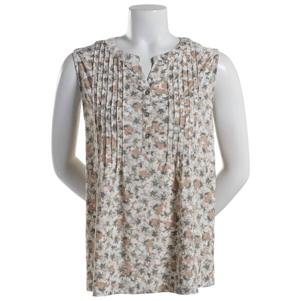 Womens Napa Valley Sleeveless Floral Print Pleated Knit Henley - image 