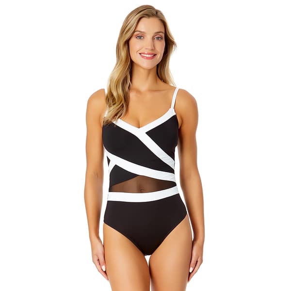 Womens Anne Nicole Asymmetrical Mesh Insert One Piece Swimsuit