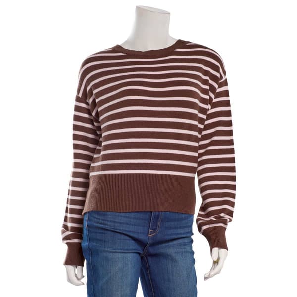 Juniors Pink Rose Ballet Neck Ribbed Pullover Sweater - Brown