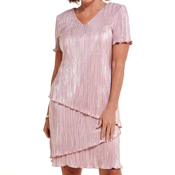 Petite Connected Apparel Short Sleeve Metallic V-Neck Tier Dress