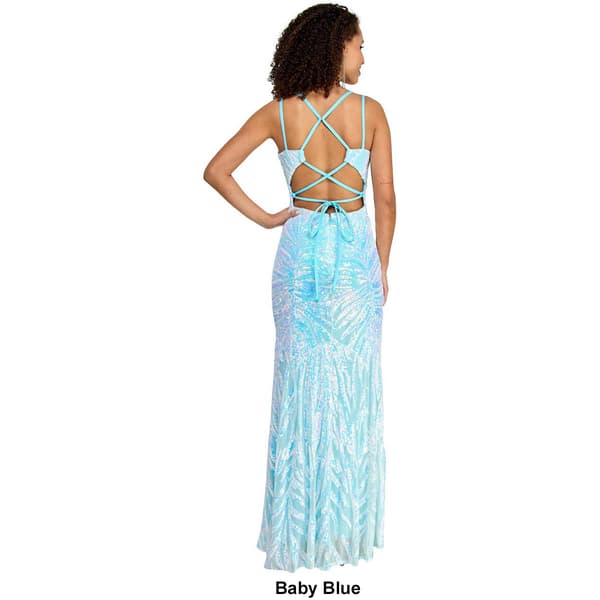 Juniors Morgan & Co. Spray Sequin Strappy Back Sheath Dress