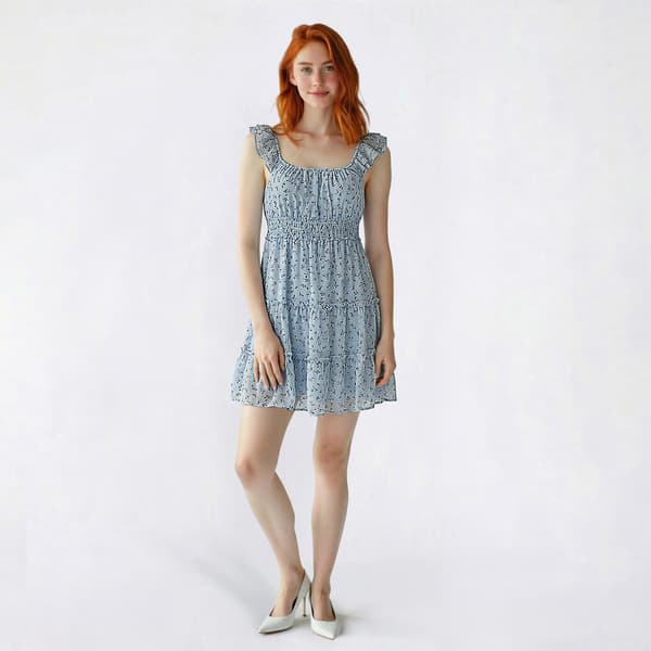 Juniors No Comment Blue Floral Ruffle Tiered A-Line Dress - image 