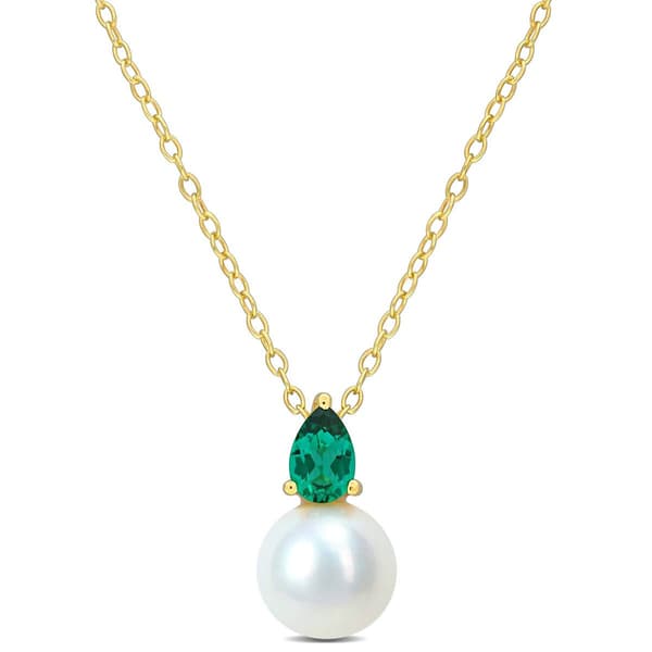 Gemstone Classics(tm) Freshwater Pearl & Created Emerald Pendant - image 