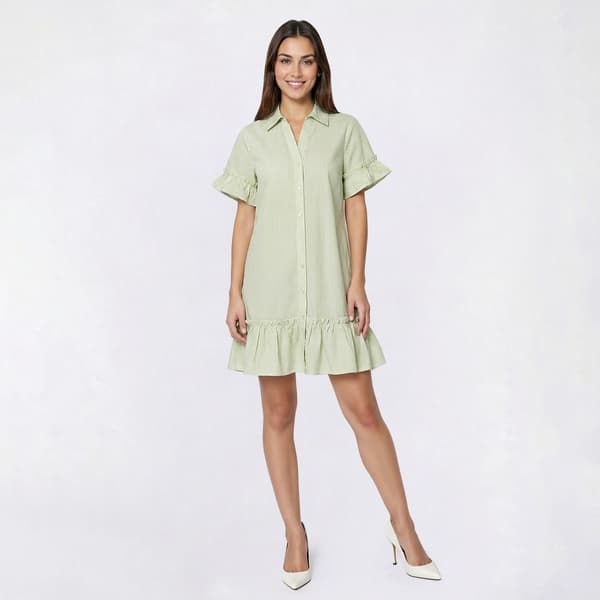 Womens Emily Daniels Short Sleeve Ruffle Trim Stripe Shirtdress