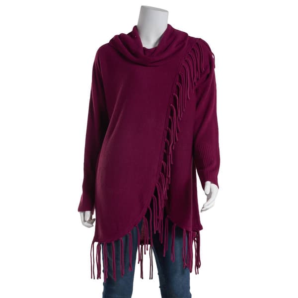 Plus Size Birch Long Sleeve Cowl Neck Fringe Trim Sweater - image 