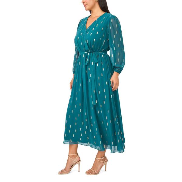Plus Size MSK Long Sleeve Surplice Neck Chiffon Foil Midi Dress