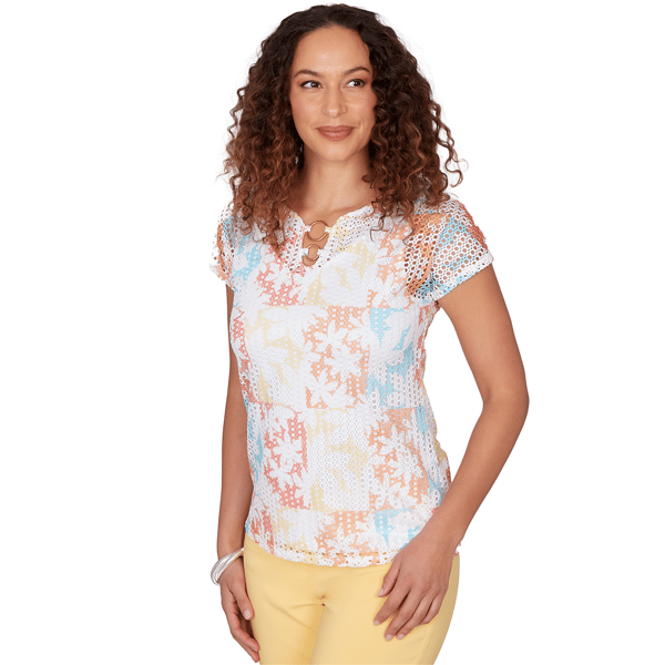 Petite Hearts of Palm Fun in the Sun Cap Sleeve Eyelet Blouse
