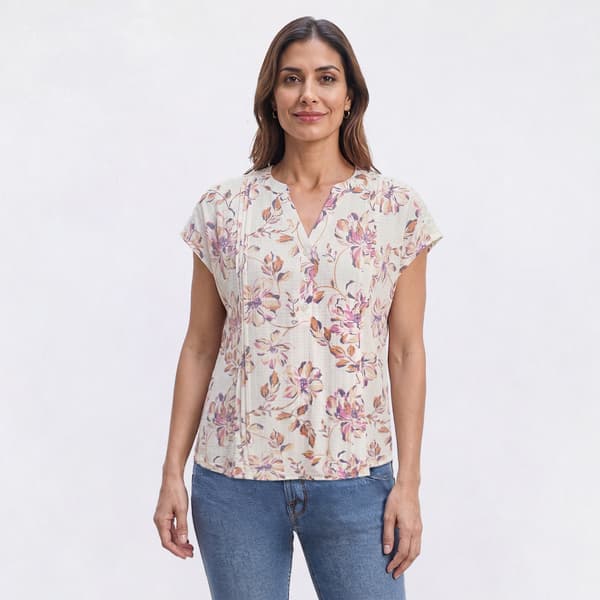 Womens Como Blu Dolman Sleeve Split Neck Henley Floral Blouse - image 