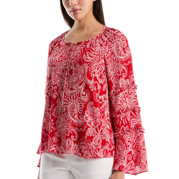Womens Rafaella® Long Bell Sleeve Paisley Tie Neck Blouse
