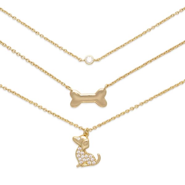 Three Gold-Tone Bone/Crystal/Dog Charm Necklace Set