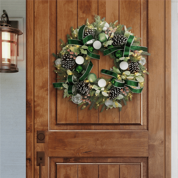 Puleo International Pre-Lit White& Green Adorned Christmas Wreath